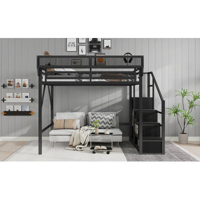 Grands lits mezzanine avec escalier de rangement, style industriel en métal pour la maison