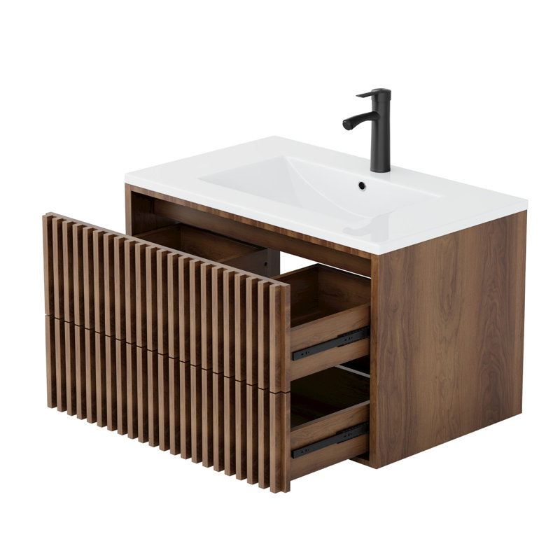 30" Floating Bathroom Vanity with Sink Combo – Wall-Mounted Cabinet with 2 Fluted Drawers, Silent Slides, Faucet, and Adjustable Drainpipe in Walnut