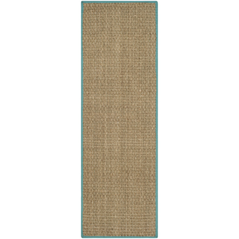 Oxnard Auckland Bamboo Slat/Seagrass Natural/Teal Area Rug, Runner 2'6" x 12'