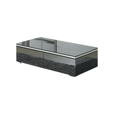 26" Gray And Silver Glass And Metal Mirrored Coffee Table With Two Drawers
