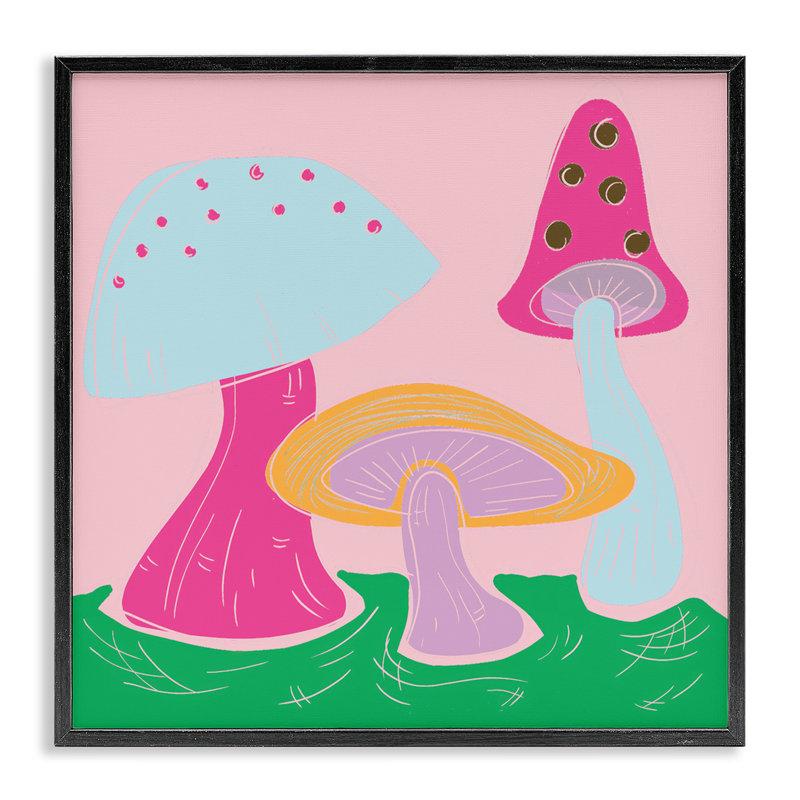 «Groovy Mushroom Dancing Giclee Art» par Deidre Mosher, H 12 po x l 12 po, Giclée encadrée noir minuit