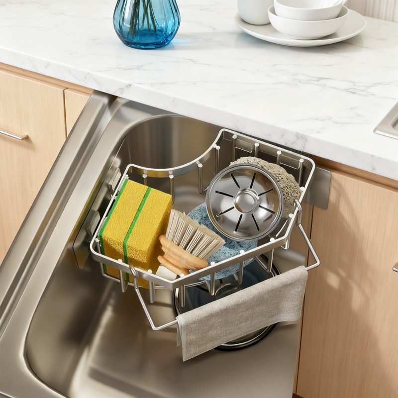 Rangement d'angle pour évier, support en éponge en acier inoxydable avec barre à serviettes, support de rangement de cuisine auto-adhésif pour éponges et produits de nettoyage