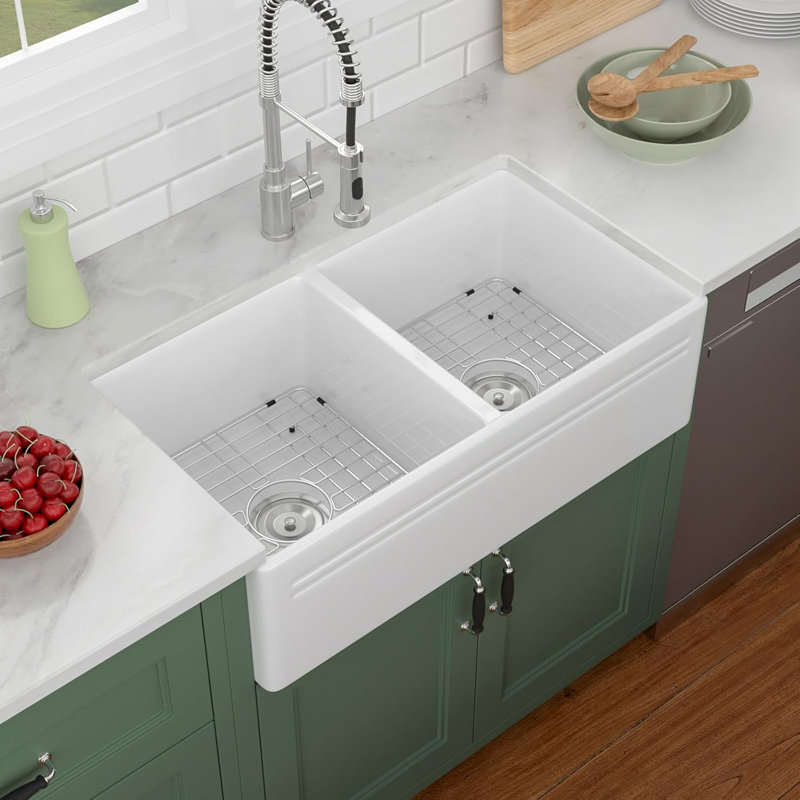Évier de cuisine à double cuve de style campagnard à deux cuves Lofeyo - Évier en porcelaine réfractaire à tablier frontal avec double cuve divisée 50/50, lavabo profond à finition blanche ultrabrillante et durable