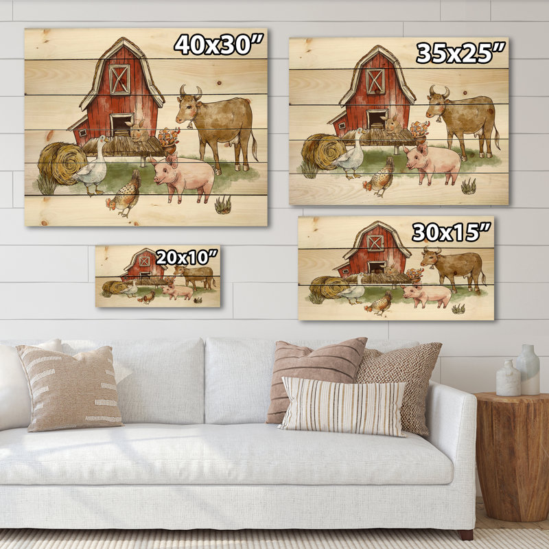 Ferme avec cochon de vache oie et botte de foin - impression rustique sur bois de pin naturel, H 30 po x l 40 po x P 0,78 po