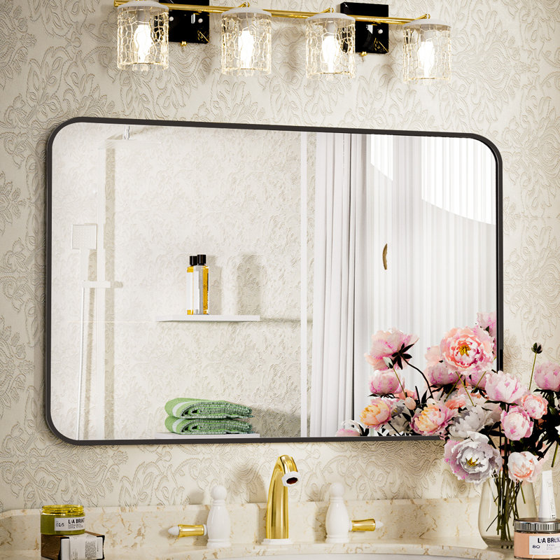 Jyun Safely Rounded Rectangle Metal Bathroom Mirror, Matte Black, 26" x 37"