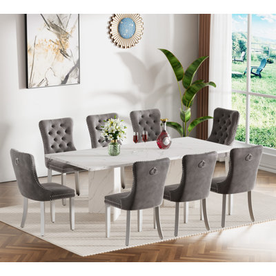 62.99" -78.74" Extendable Dining Table Set, White Dining Room Table & Velvet Dining Chairs with Stainless Leg, Rustic Kitchen Dining Table and Chairs Set, Modern Dining Table Set