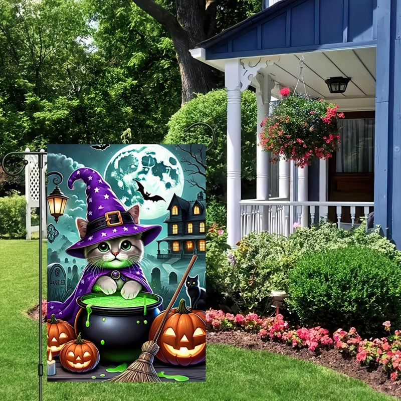 Drapeau de jardin Halloween Sorcière Chat Chaudron 30 x 45 cm (12 x 18 pouces) en polyester