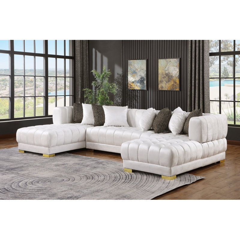 Mayford Double Chaise Modern White Velvet Sectional With Pillows And Gold Legs, White Velvet, Gold