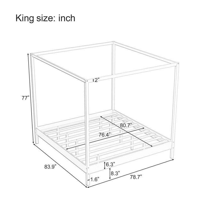 Solid Wood King Size Canopy Bed Frame with Four Poster Support, No Box Spring Needed, Elegant White Finish
