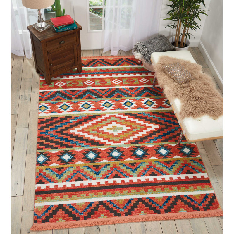Tapis géométrique tissé à la machine en orange, Rectangle 3 pi 11 po x 6 pi 2 po