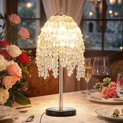 Lampe de table en cristal 1 lumière dorée, élégante lampe de table en cristal de 19 po avec abat-jour en cristal en cascade et base texturée en marbre pour le salon, la chambre à coucher ou le bureau (ampoule non incluse)