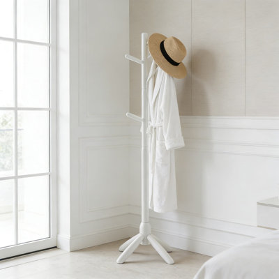 Modern Wooden Coat Rack With 6 Swivel Hooks, Easy 5-Minute Assembly, White Finish