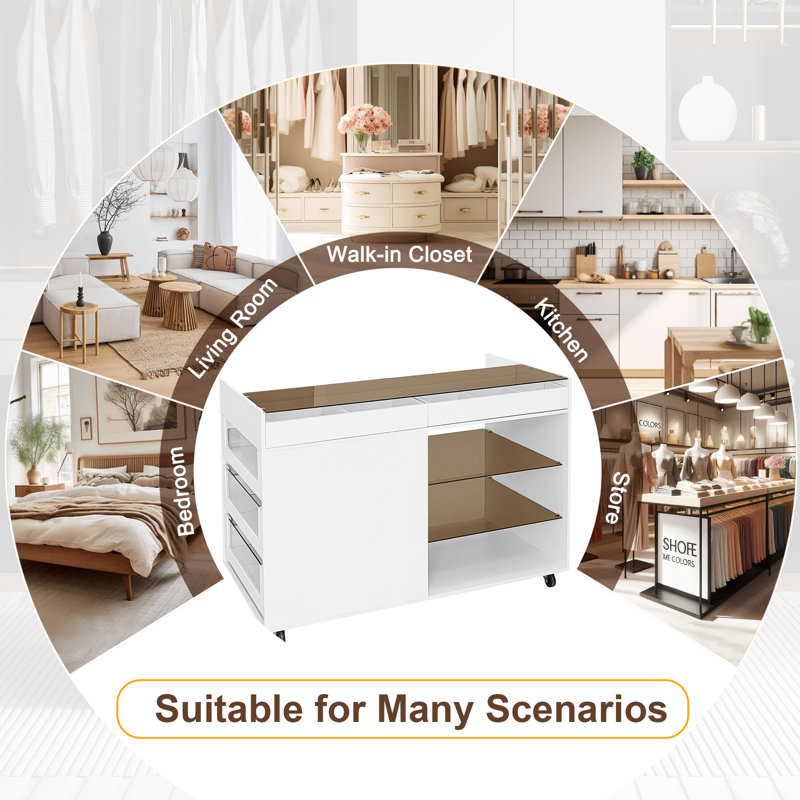  Multi-Functional Storage Island Vanity Console with Glass Display Shelves and Reversible Top, White