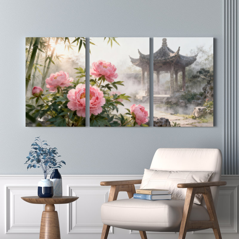 Ensemble de 3 tableaux sur toile tendue représentant des pivoines, un jardin de bambous et une pagode., H 30 po x l 60 po