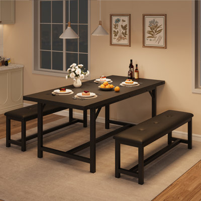Extendable Dining Table Set, Industrial Expandable Kitchen Table with Padded Bench, Metal Frame Rectangular Dining Set for Dining Room Home Kitchen