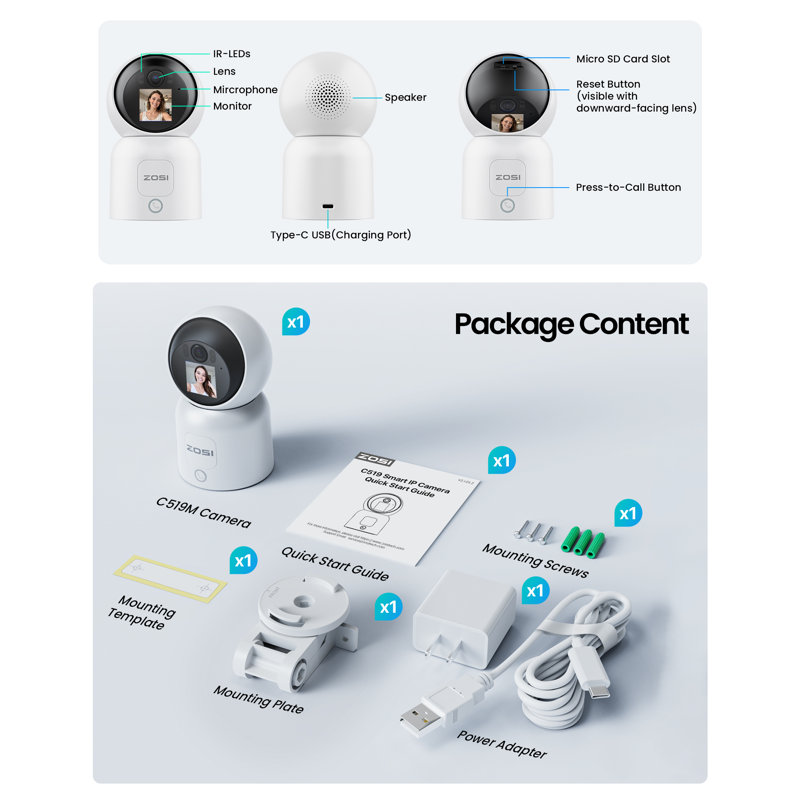 4MP 360° Pan/Tilt Security IP Camera with Monitor for Baby/Pet, One-Touch Call, 2-Way Video, Human Tracking