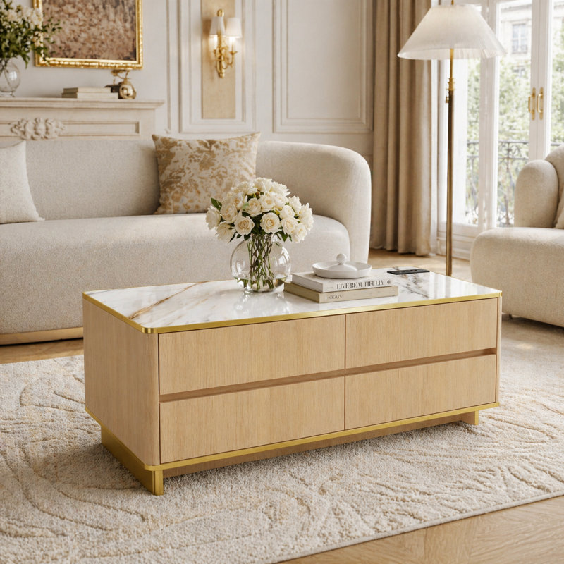 Table basse en marbre Dickens avec alimentation intégrée et éclairage DEL - Taille compacte, garniture dorée, télécommande / commande