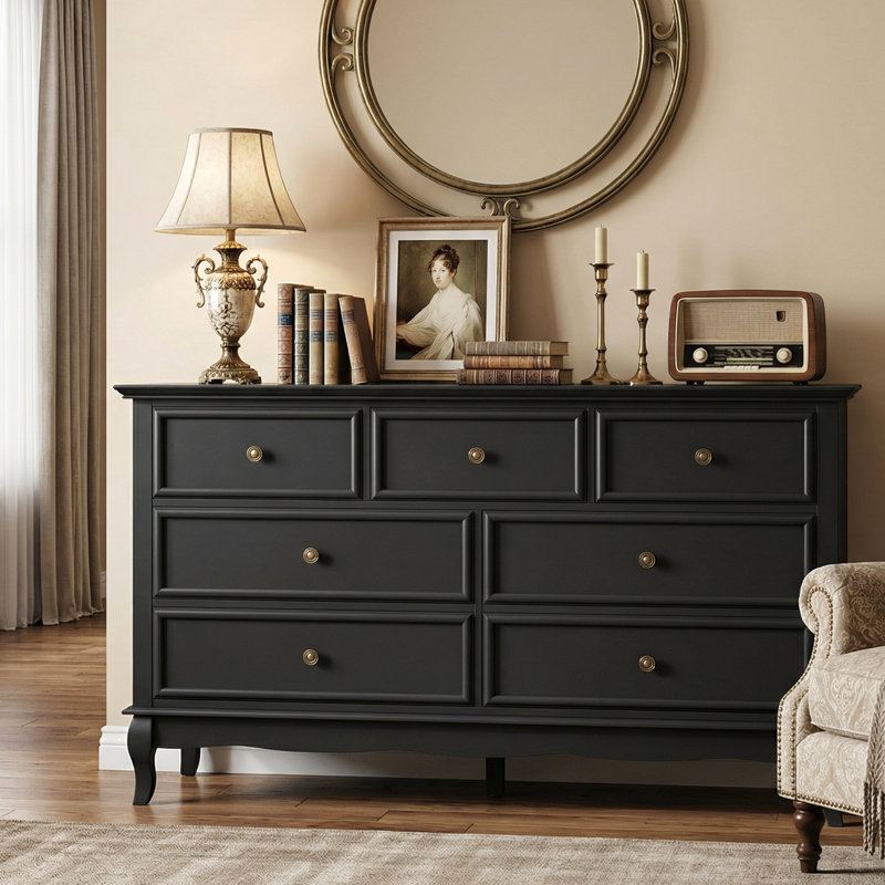 7 Drawer Dresser With Solid Wood Legs, Black