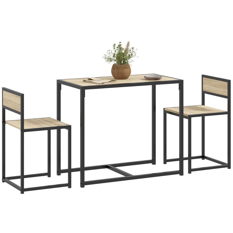 Oak and Black 3-Piece Industrial Dining Table Set with 2 Chairs