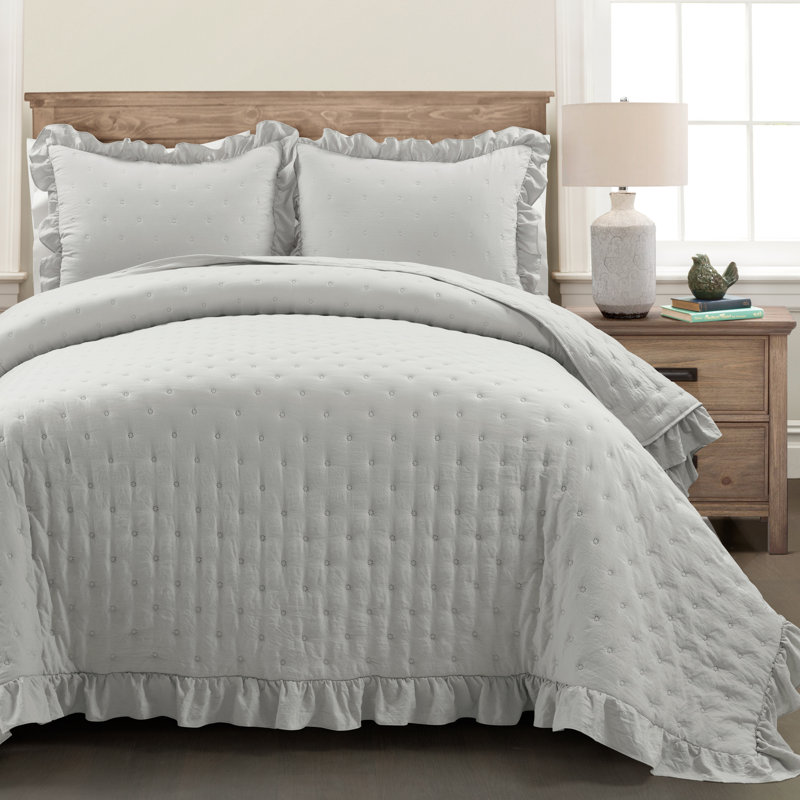 Reyna Ruffle Microfiber Reversible 3 Piece Quilt Set, Queen, Light Gray