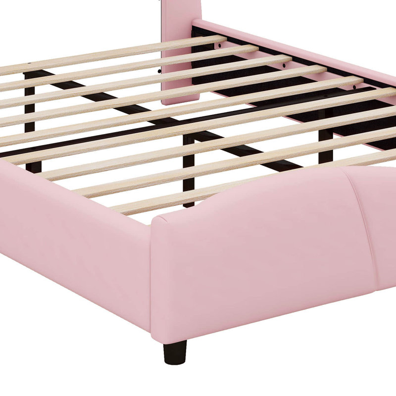 Lit pour grand lit avec tête et pied de lit papillon, lit plateforme tapissier en similicuir avec décor en métal doré