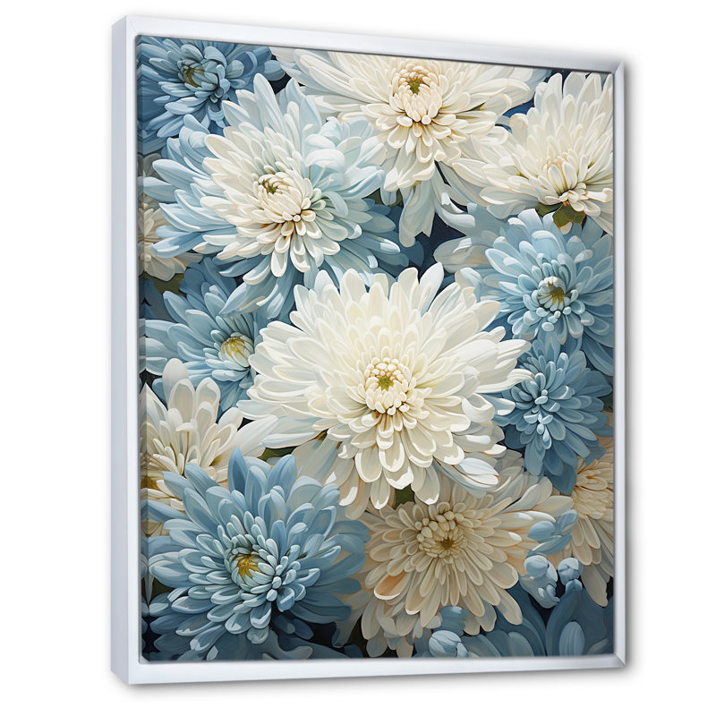 Minimalisme «Blooming Mums» en bleu et blanc III sur toile, H 44 po x l 34 po x P 1,5 po, Cadre flottant blanc