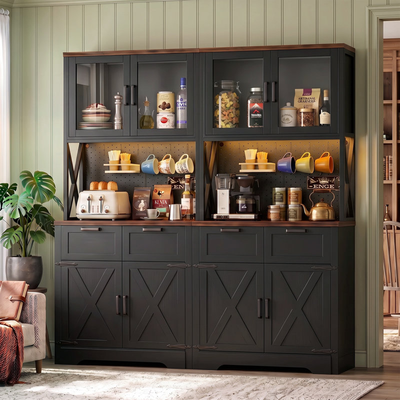 Armoire de rangement pour garde-manger de 71 po avec support pour micro-ondes, Noir / brun