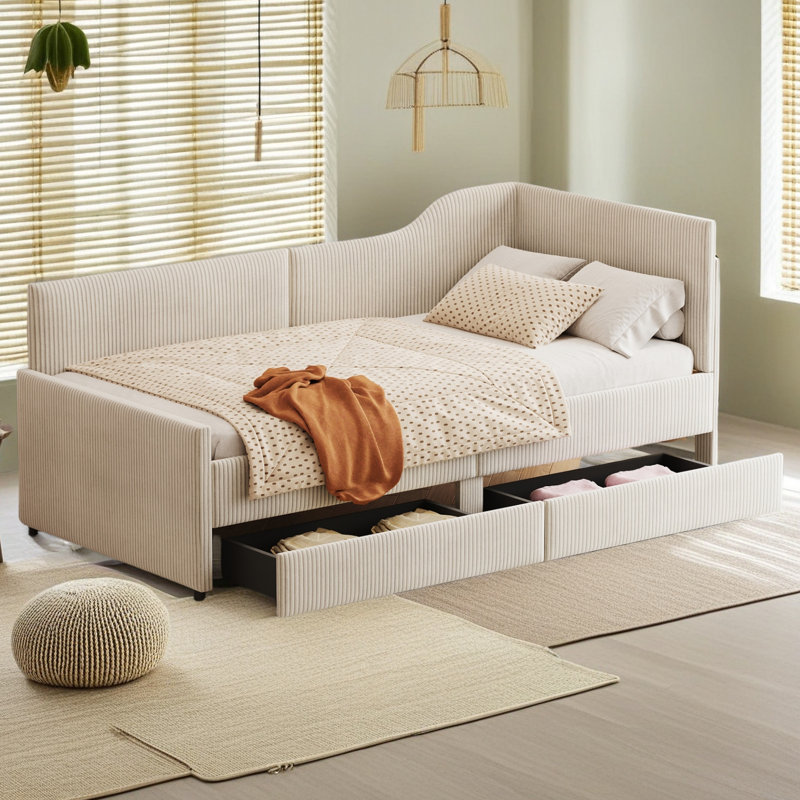 Twin Size L-Shaped Corduroy Daybed,Upholstered Bed Frame With 2 Storage Drawers, Beige
