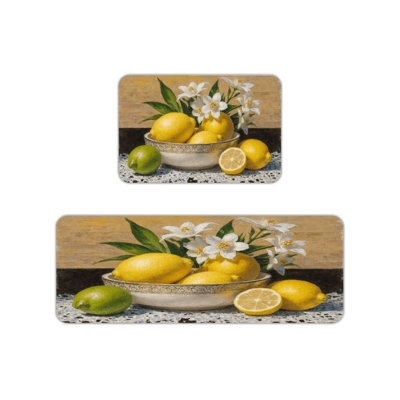 Yellow Lemon Painting Kitchen Mats, Set Of 2 Artistic Rugs For Kitchen & Dining Nook