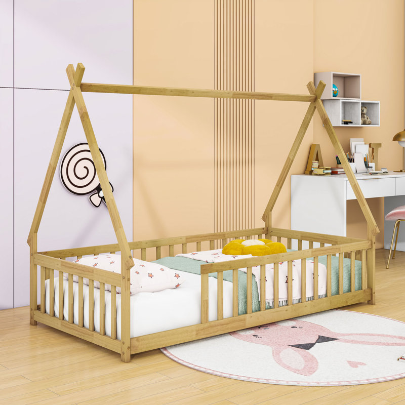 Twin Bed With Guardrails And Slats, Natural