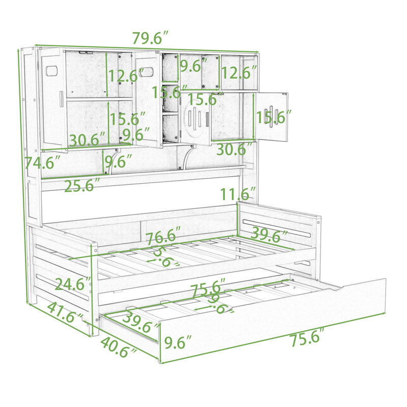 Daybed with Trundle, Shelves and All-in-One Cabinet, Twin, White
