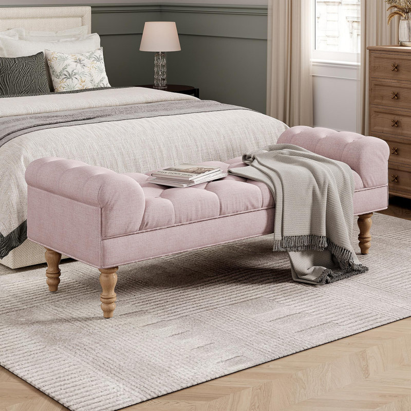 Button-Tufted End Of Bed Bench,Large Upholstered Ottoman,Foot Rest With Legs,Footstool With Rolled Arms,Upholstered Fabric Bench,Indoor Bench For Bedroom,Living Room,Entryway,Pink