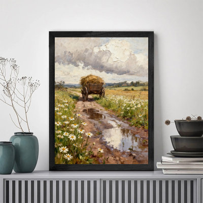 Art mural de paysage campagne noir encadré noir - décor rustique de fleurs sauvages avec des impressions encadrées impressionnistes