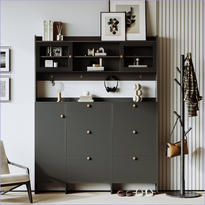 Hall Hall, armoire à chaussures contemporaine avec 6 tiroirs rabattables, 3 armoires Portes en verre trempé | Noir | Panneau de particules