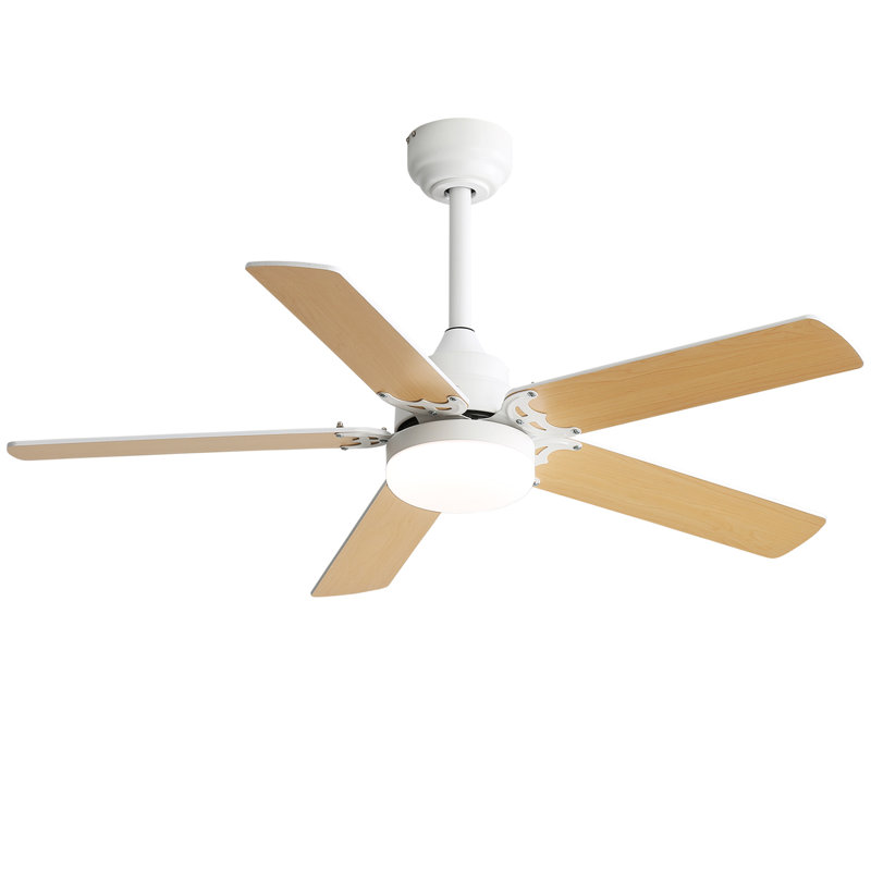 Ventilateur de plafond 42 pouces 5 pales réversible sans fil avec télécommande, Blanc, Bois naturel