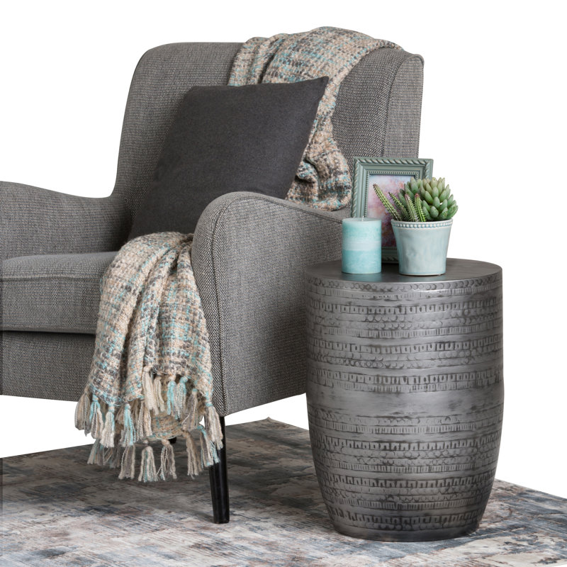 Johnsen 15"W Metal Industrial Boho Tribal Pattern Drum End Table with Textured Finish, Assembled, Antique Silver