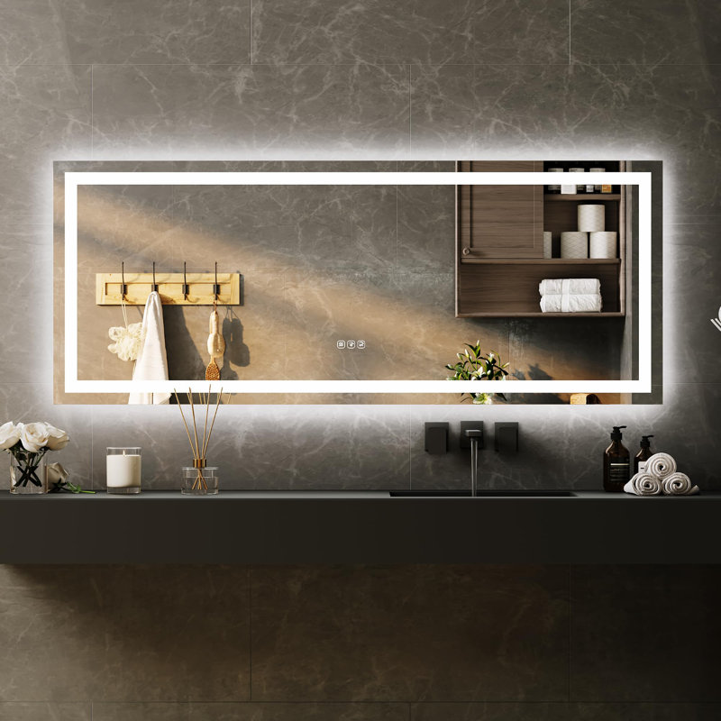 Miroir de salle de bain 60 x 24 DEL avec lumières, à intensité variable, antibuée, rétroéclairé et éclairé à l'avant, miroir de salle de bain éclairé pour mur, fonction mémoire, verre trempé, incassable, (horizontal / vertical)