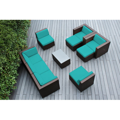 Ensemble de conversation en osier pour 7 personnes avec coussins Kiara