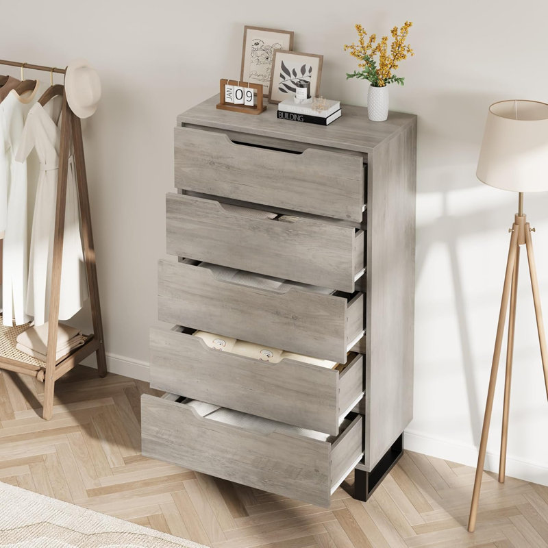 Commode 5 tiroirs en bois blanc, commode verticale haute 50 po pour chambre à coucher, salon, couloir, Blanc