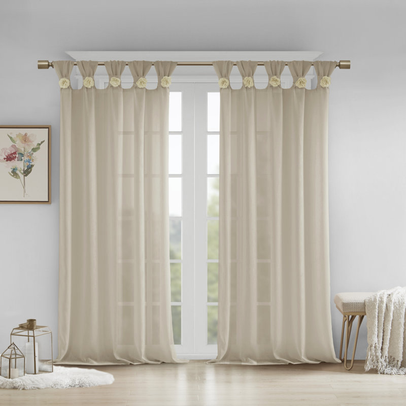 Rosette Linen Floral Embellished Cuff Tab Top Solid Single 50x63" Curtain Panel, 50"W x 63"L, Linen
