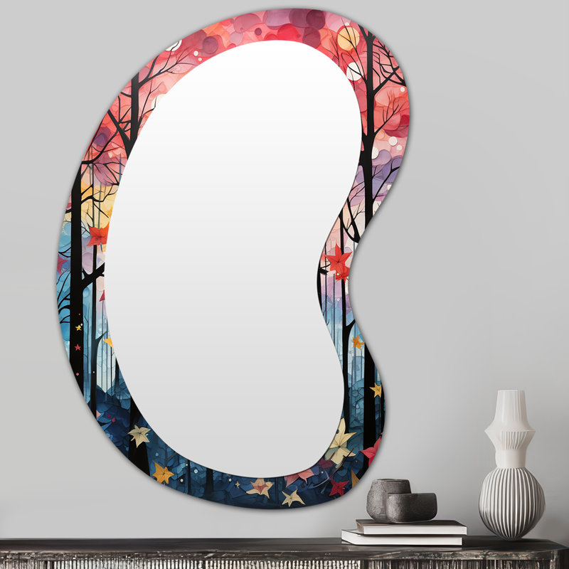 Erique Pink Enchanted floral Botanicals with Eastern blueBird - Floral Bird Asymmetrical Decorative Mirror, Pink Unique Shape Wall Mirror, Printed Metal Art