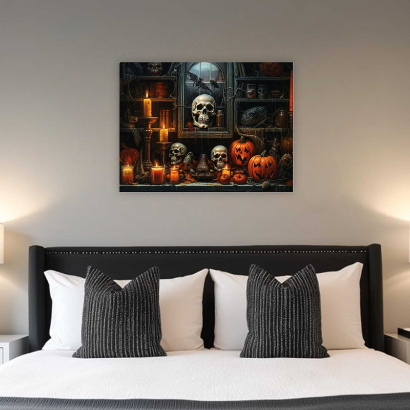 Art mural noir sur toile citrouille effrayante d'Halloween noir et orange, décoration moderne de qualité supérieure, 24 x 32 po