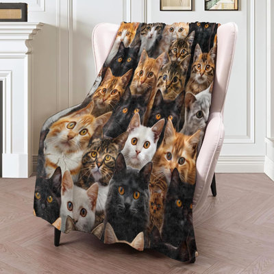 Cat Faces Flannel Blanket 80x60in, Cute and Cozy Throw with Colorful Tabby, Black, White and Orange Cats, Soft Lightweight Blankets for Cat Lovers, Pet Owners, Room Decor Gifts