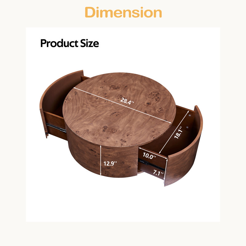 Table basse rotative en bois avec 2 tiroirs, plateau tournant à 360 °
