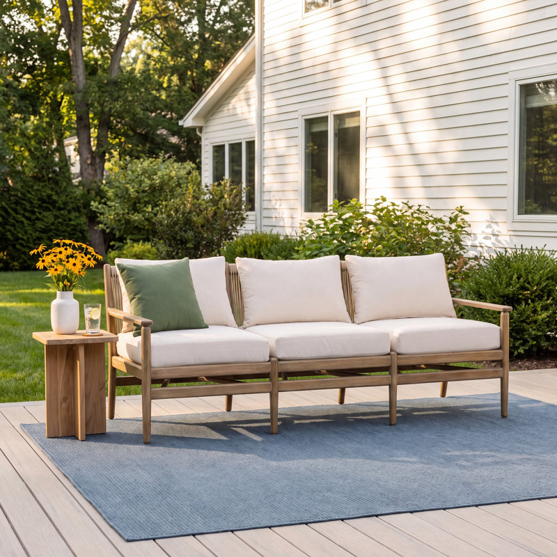 Baltzer 72.75'' Wide Eucalyptus Patio Sofa with Cushions, Natural Eucalyptus, Lakin Oat