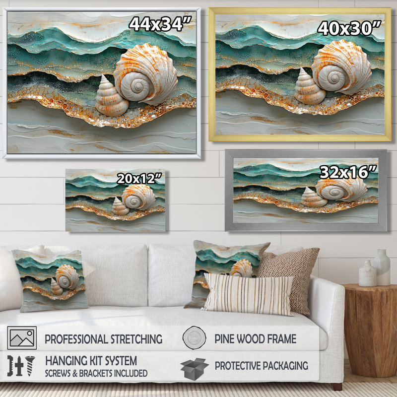 Coquillage et sable émeraude II - art mural bord de mer, H 28 po x l 60 po, Cadre flottant, Doré