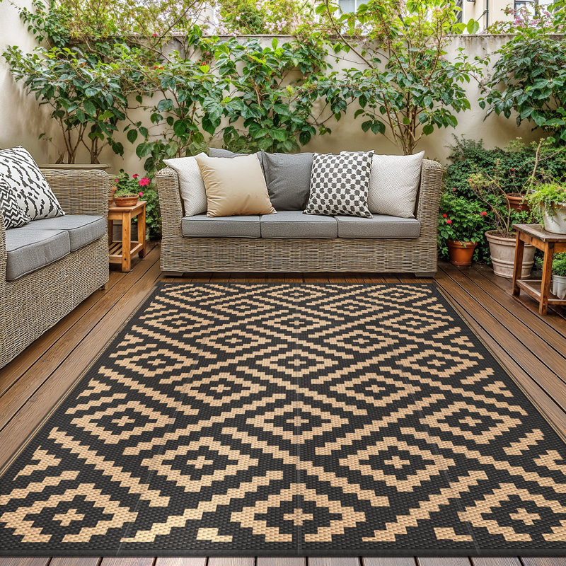 Tapis extérieur réversible en plastique imperméable noir / brun recyclé P.E.T., Noir / brun, Rectangle 9 pi x 12 pi