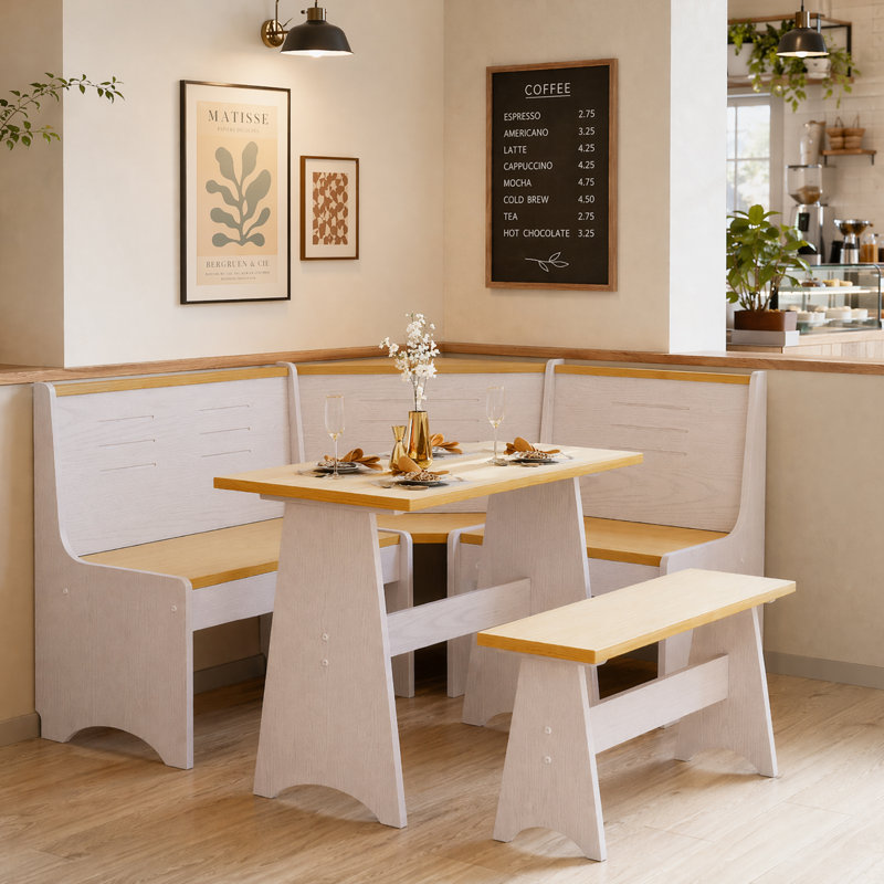 Ensemble de salle à manger en coin en bois de pin massif 3 pièces avec banc en L Berna, Naturel / blanc