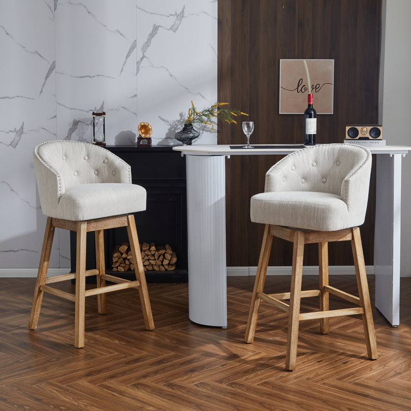 Ensemble de 2 tabourets de comptoir pivotants de 33,25 po, avec tabourets de bar rembourrés à hauteur de comptoir avec structure en bois d'hévéa massif, dossier, repose-pieds, tabourets de bar sans accoudoir pour bar personnel, comptoir de cuisine, naturel et beige