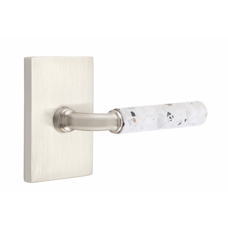 Select Round Passage (Hall & Closet) Door Lever with Rectangle Rosette, Right, Satin Nickel/Light Terrazzo